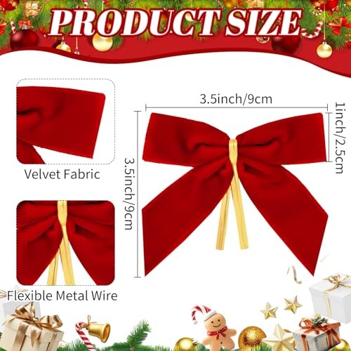 28PCS Velvet Bows for Christmas Tree,Velvet Ribbon Bows Christmas Ornaments Red