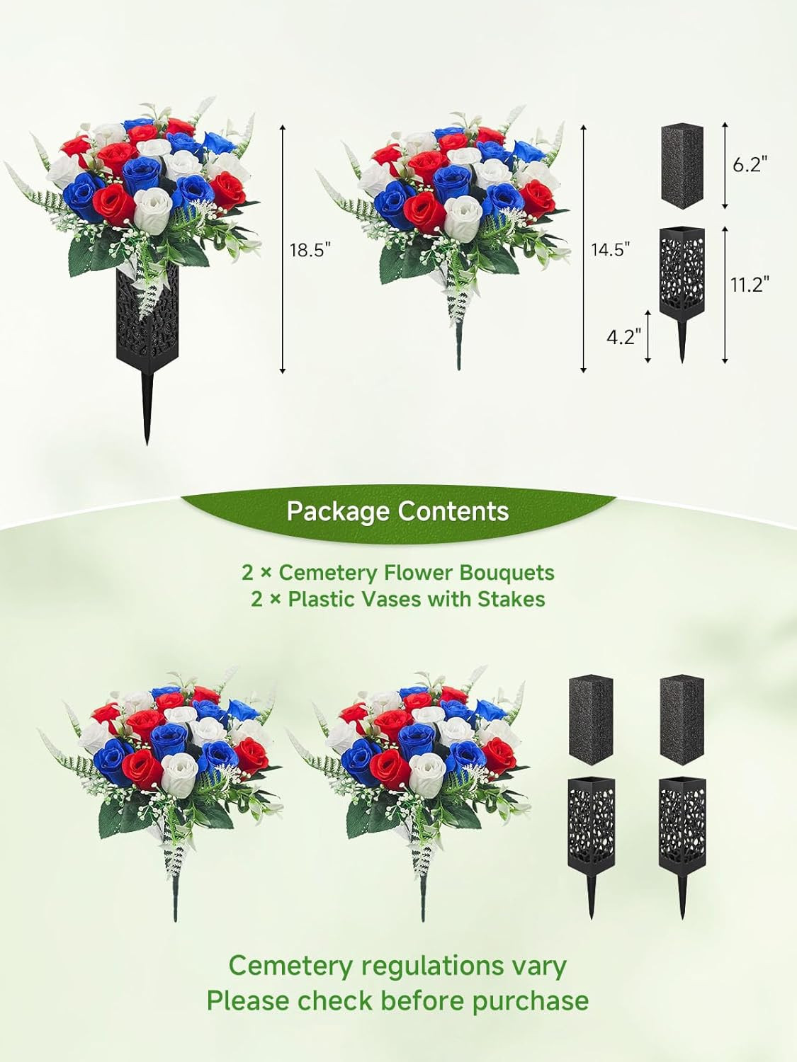 2 Pack Cemetery Grave Flowers Spiked Vases Artificial Rose Memorial Decor