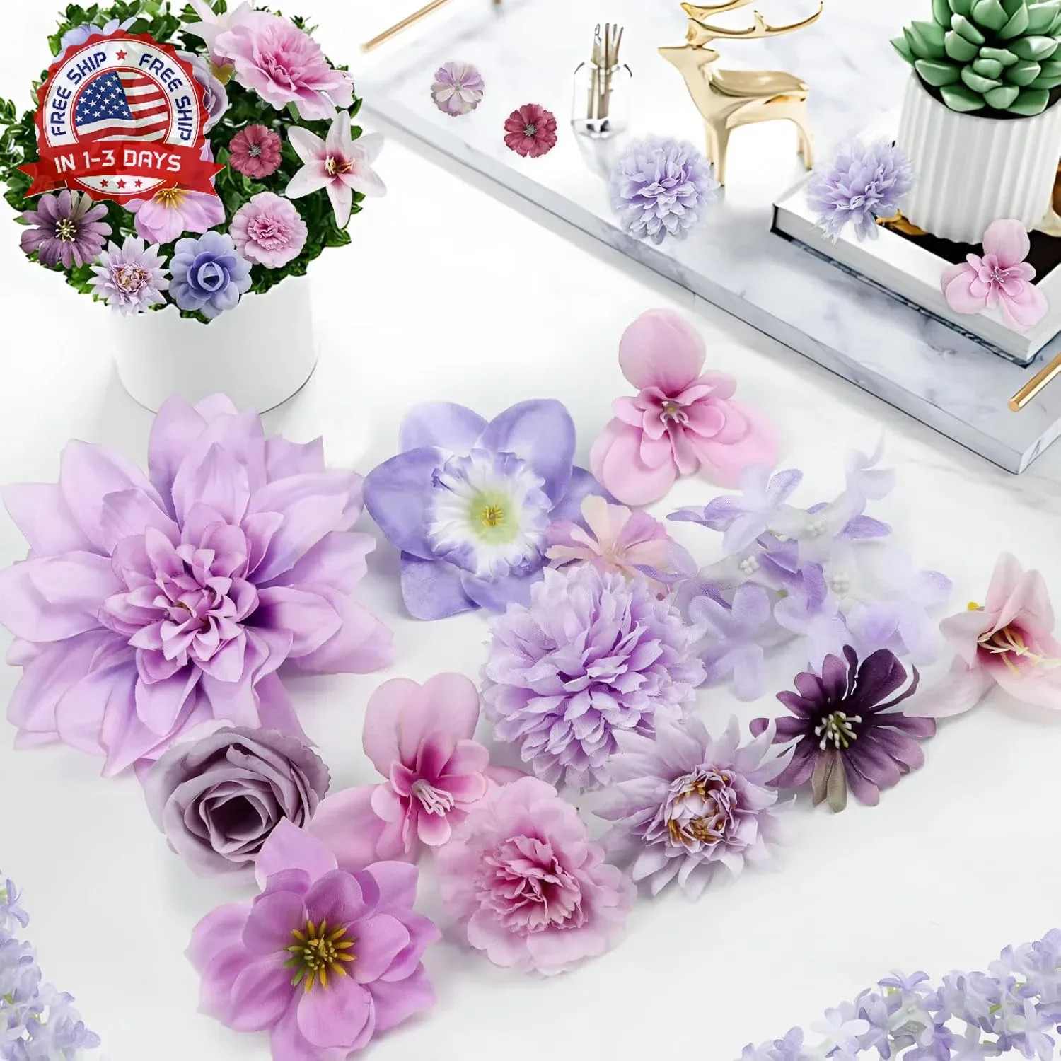 QUOZUO Artificial Flower Heads, Mini Silk Roses Peonies Daisy Purple Floral Fake