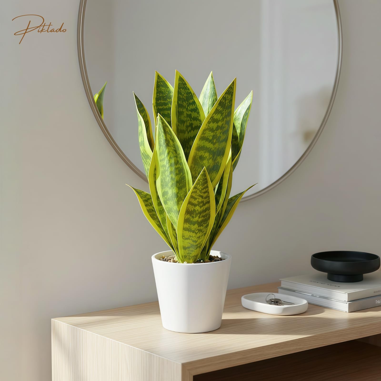 2 PCS 15.5 Inch Green Yellow Artificial Sansevieria Snake Plant White Pot