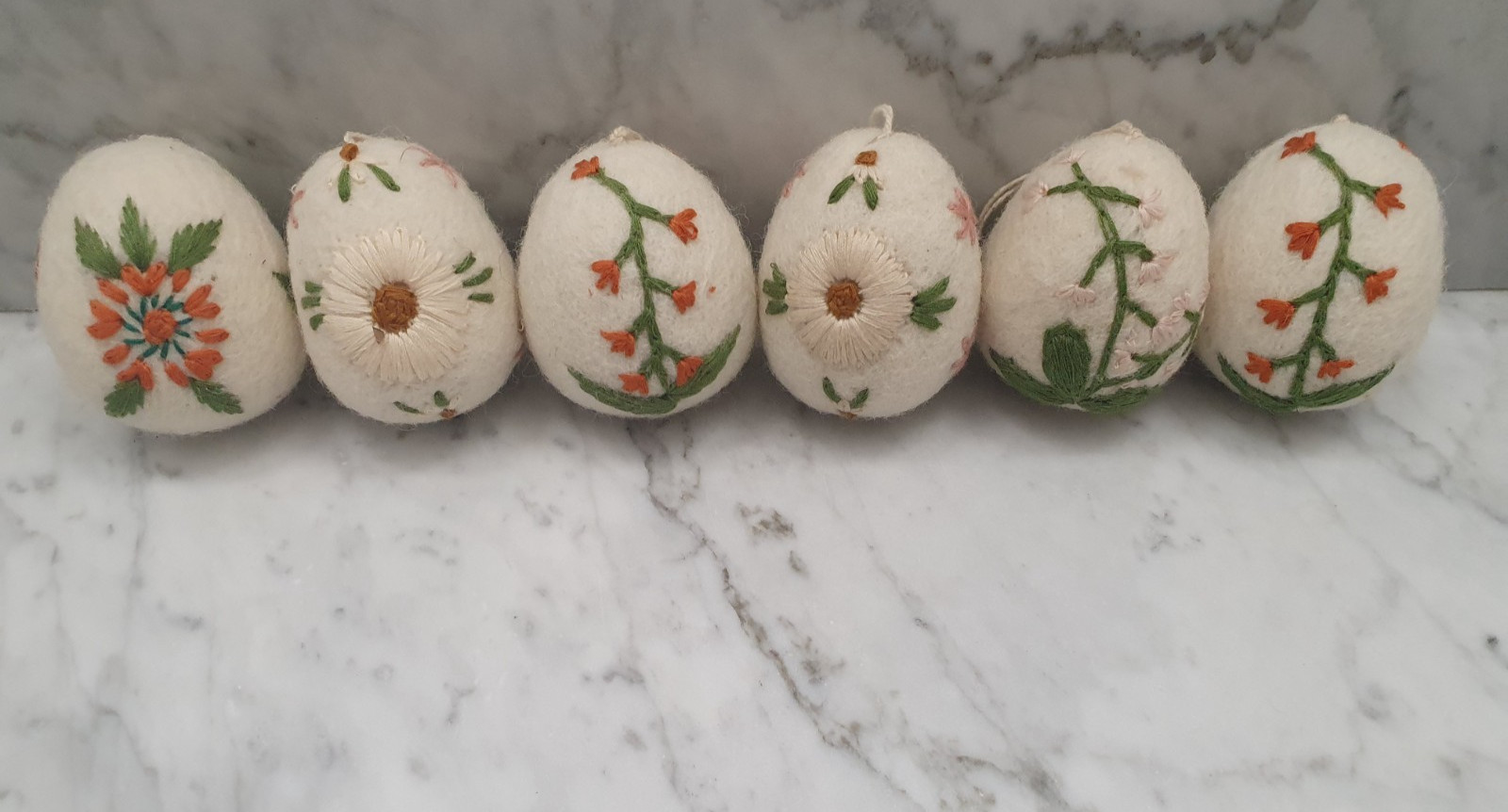 6 Cottage Core Farmhouse Chic Boiled Wool Eggs Embroidered Flowers Basket Decor