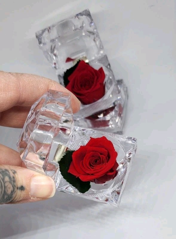 preserved Real red rose W Leaf In clear diamond shaped acrylic Ring box
