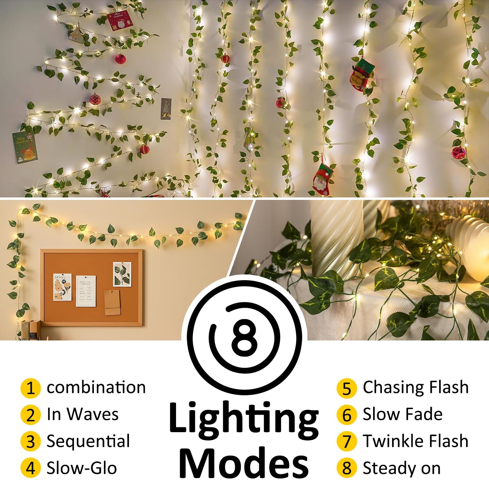 Vine Fairy Lights Battery Operated 100 LED Pothos Leaf Remote 33Ft Warm White
