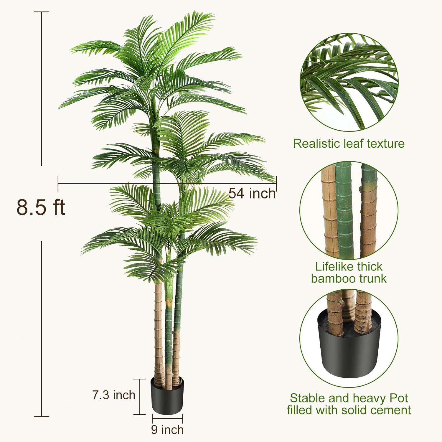 Elegant 8.5ft Faux Golden Cane Palm Tree in Pot – Low Maintenance Green Elegance