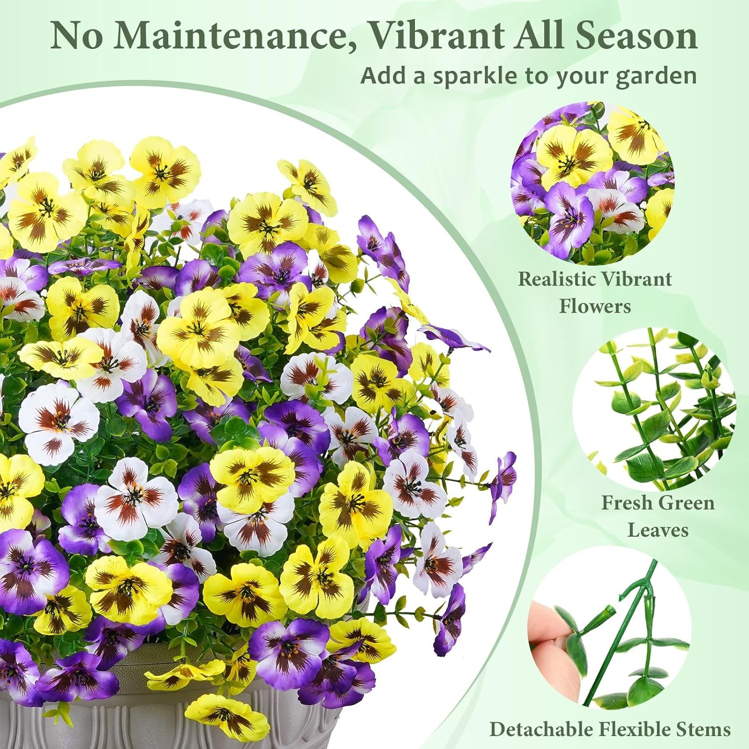 8 Bundles Artificial Outdoor Flowers – Faux Pansy Garden Decor UV Resistant