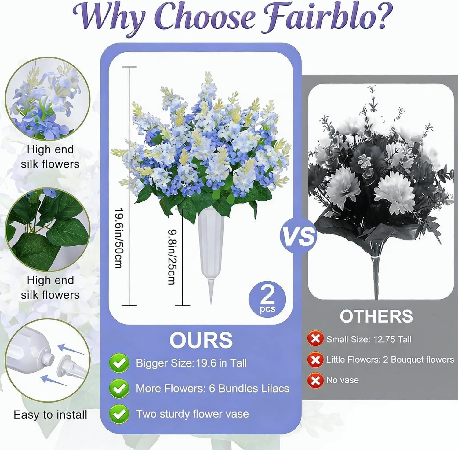 2 Sets Artificial Flowers for Cemetery with Vase 20Inch UV Resistant Grave De…