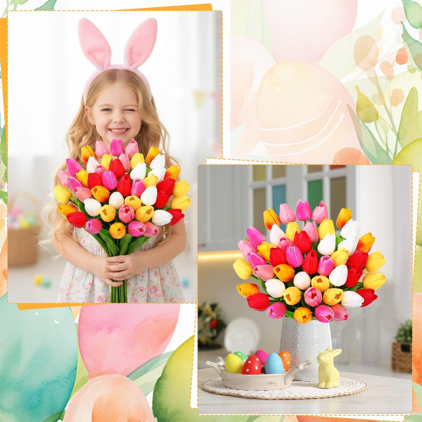 48 PCS Artificial Tulips Bouquet PU Real Touch Mixed Color Spring Party Decor