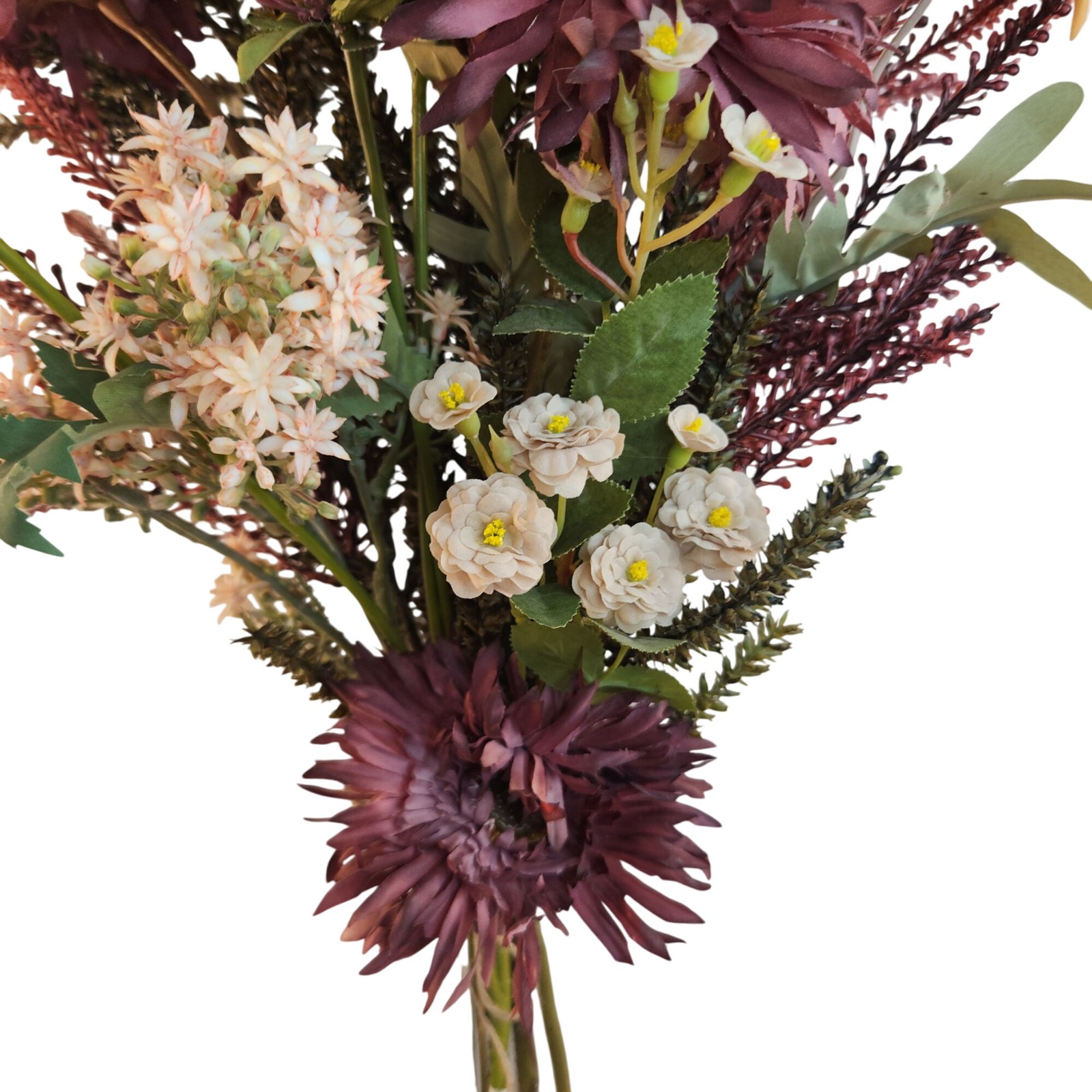Hand Tied Artificial Flower Bouquet With Burgundy Purple Cream and Green Tones