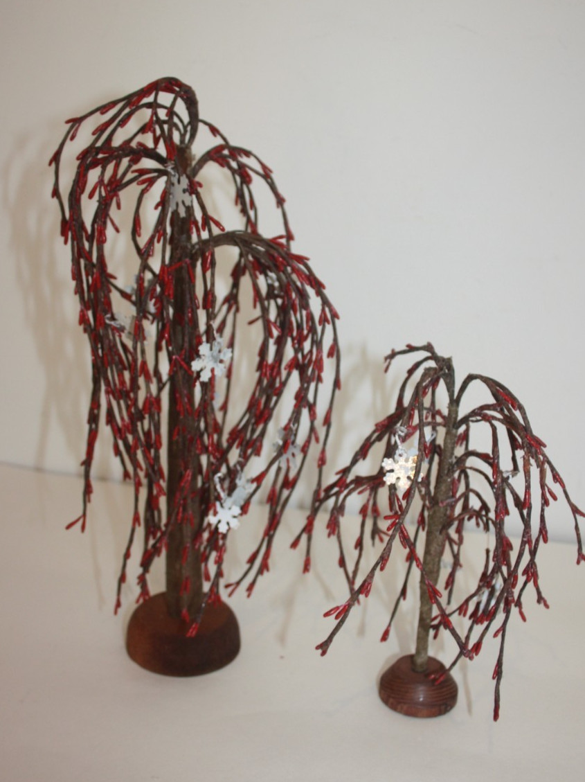 Set of 2 Artificial Weeping Willow Trees Red Primitive Rustic Decor Wood Stands