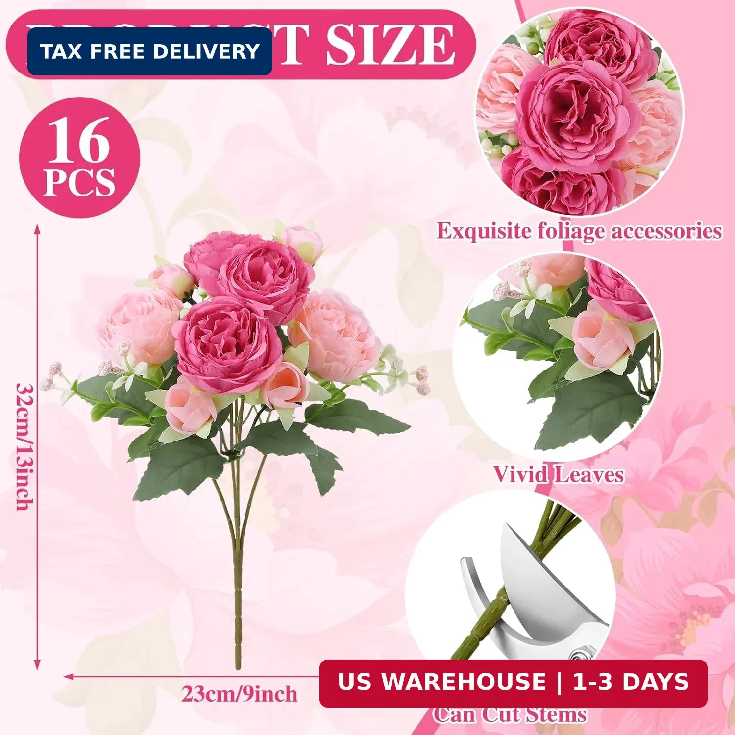 16 Pack Pink,Hot Pink Peonies Artificial Flowers,Fake Silk Hydrangea Bouquet for
