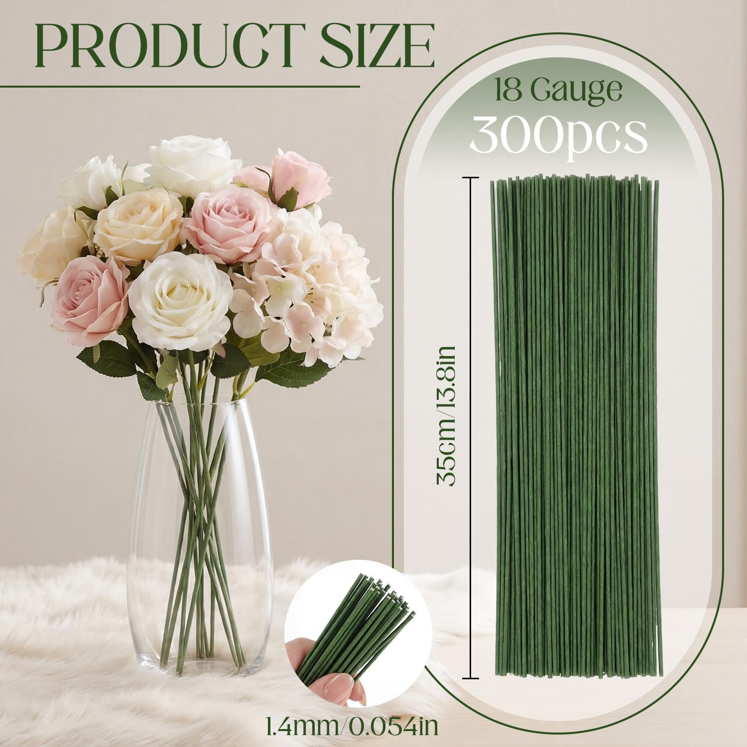 300 Pcs Dark Green Floral Wire Stems 14 Inch Flexible Flower Stem for Artificial