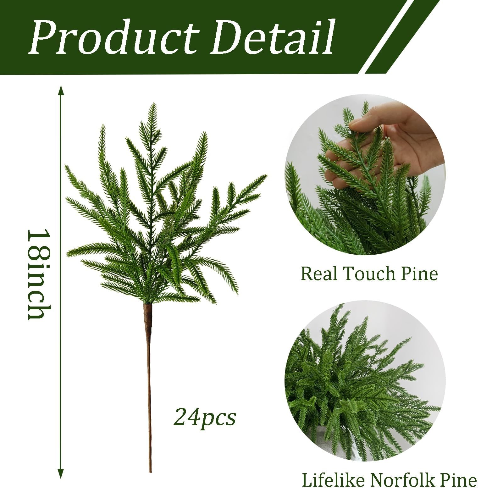 24 Pcs Real Touch Norfolk Pine Branches Christmas Decorations, 18 Inch Norfolk