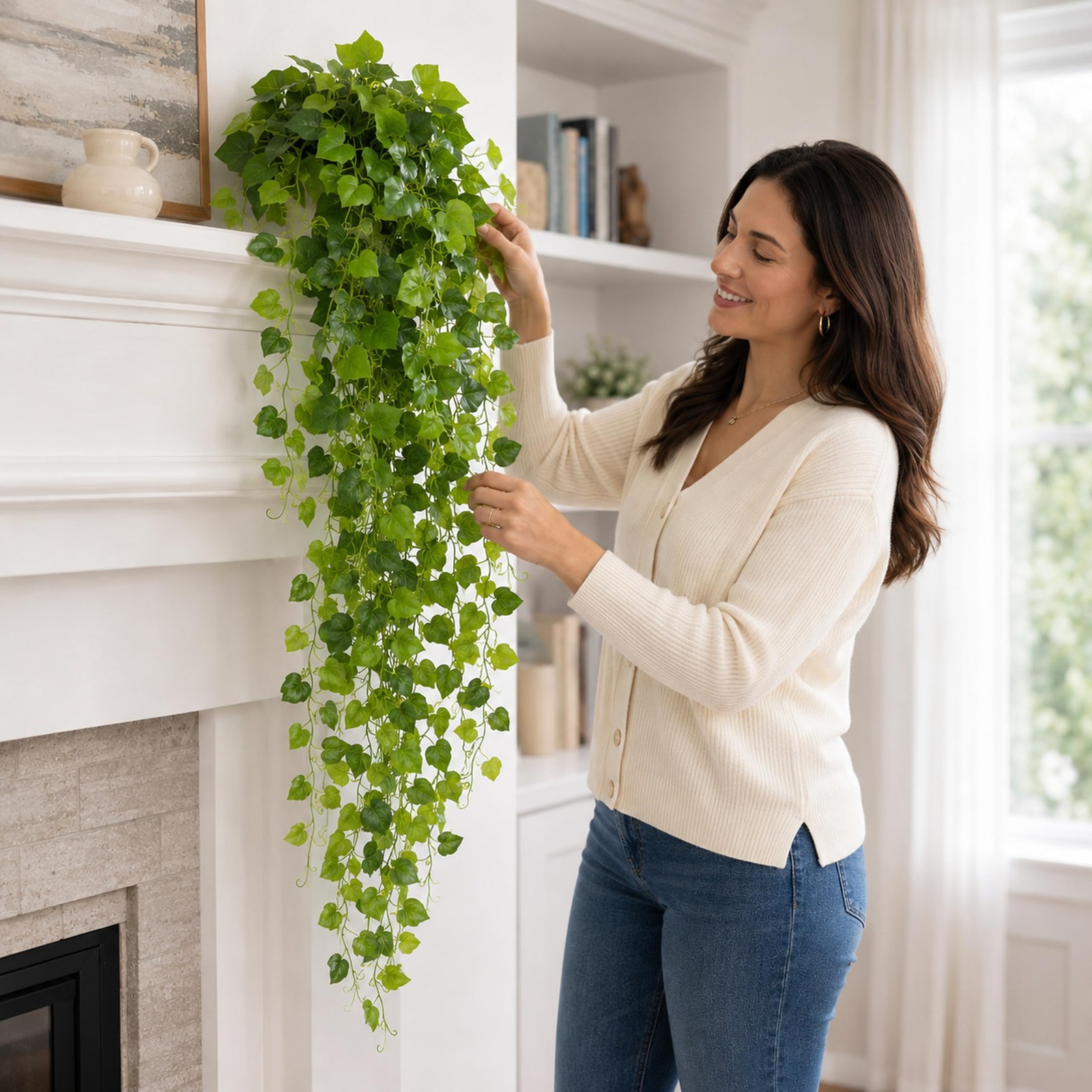 WHANLEY 36″ Fake Pothos Hanging Plant in Pot, Artificial Hanging Plant with 1…