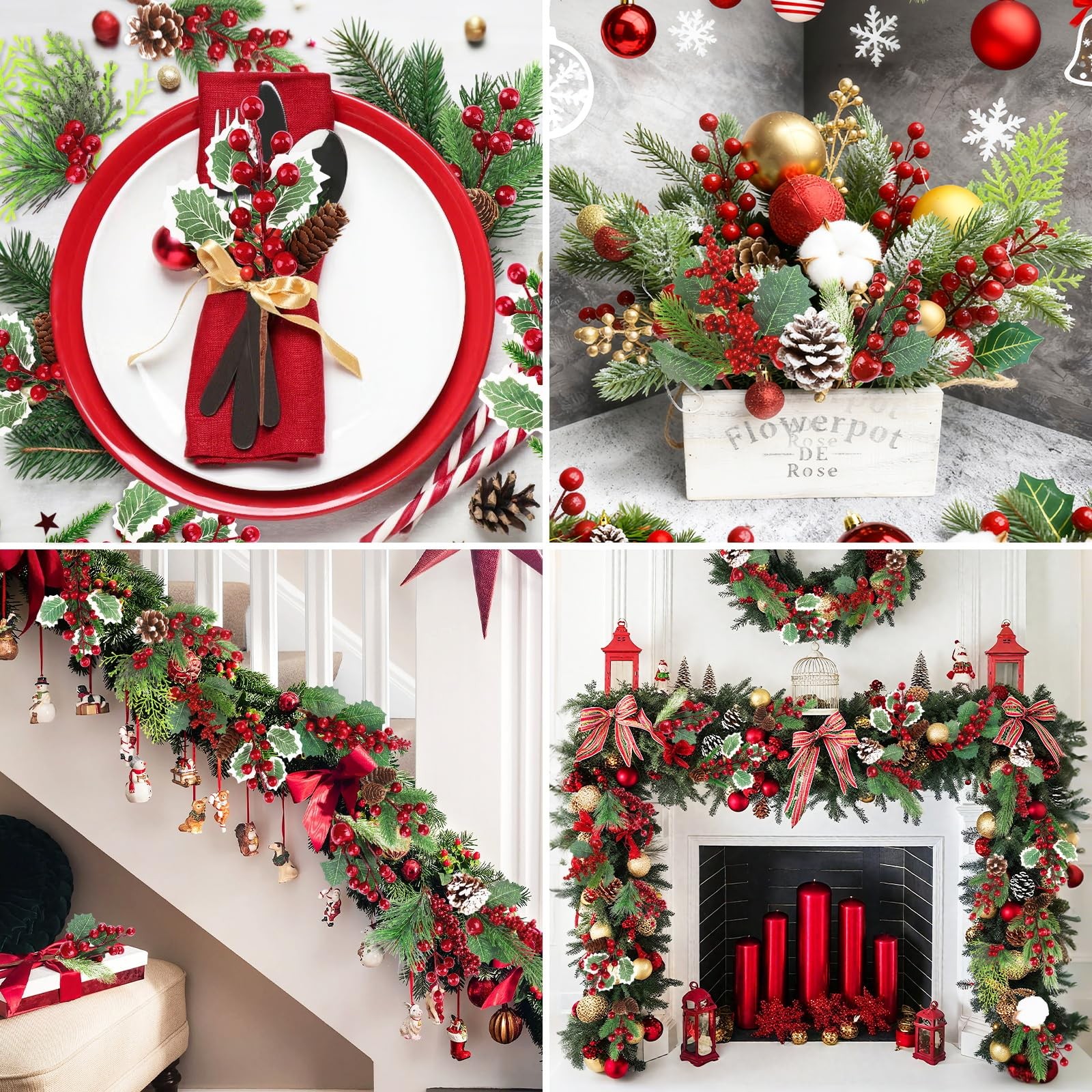 Christmas Picks and Sprays Artificial Pine Needles Branches Berries Red Stems…