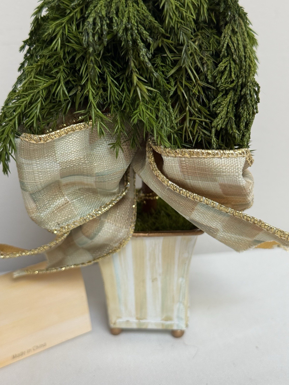 NEW Mackenzie Childs Evergreen Accents Topiary Mocha Check/Stripe 9” Tall