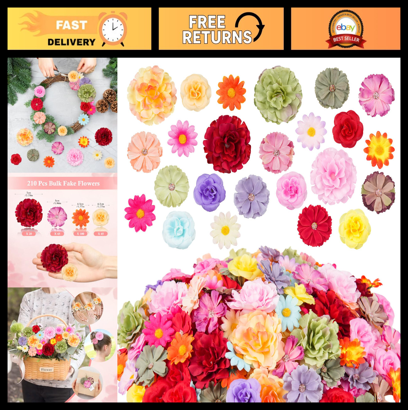 210 Pcs Mini Artificial Flowers – Multicolor Faux Rose, Daisy, Peony & Sunflower