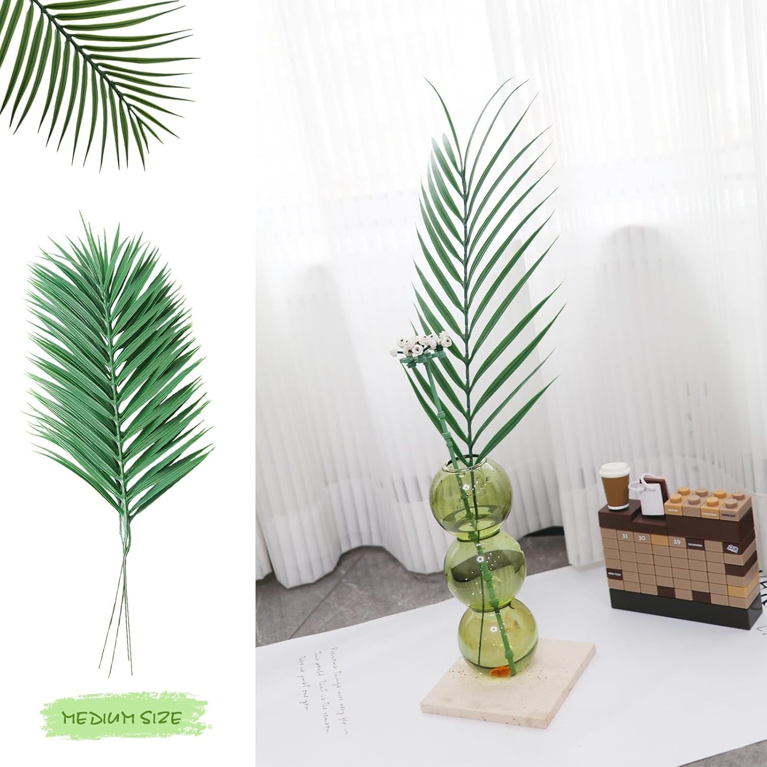 12 PCS Mixed Size Faux Tropical Leaves, Realistic Artificial Green Palm Fern