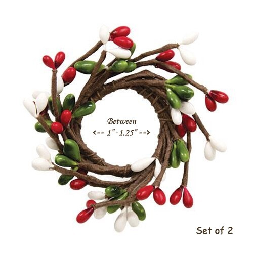 Set of 2 – RED GREEN WHITE Pip Berry Candle rings 1″ opening – Christmas Holiday