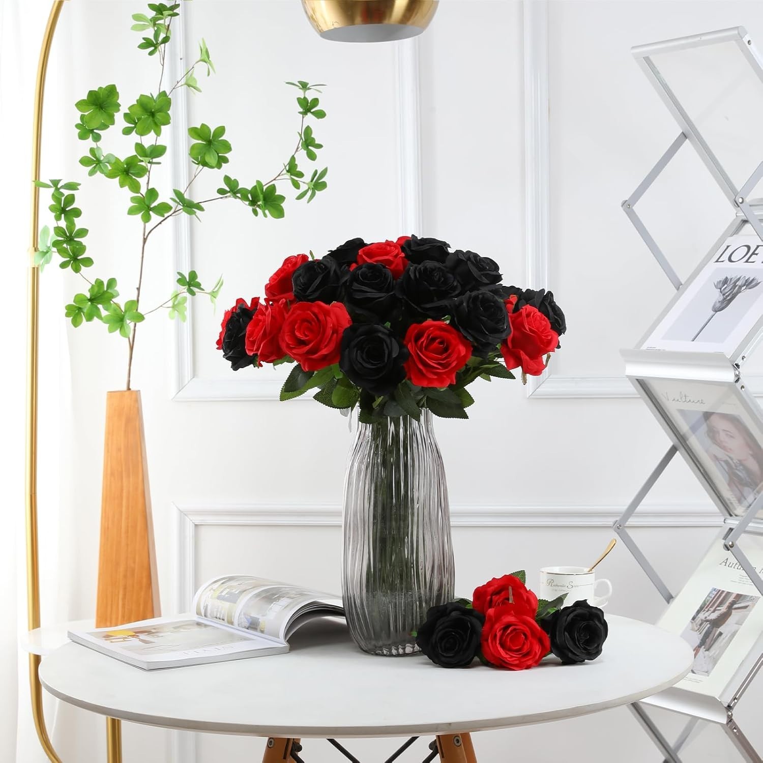 Artificial Roses 12 Pcs Black and Red Silk Flowers for Home Decor Centerpieces