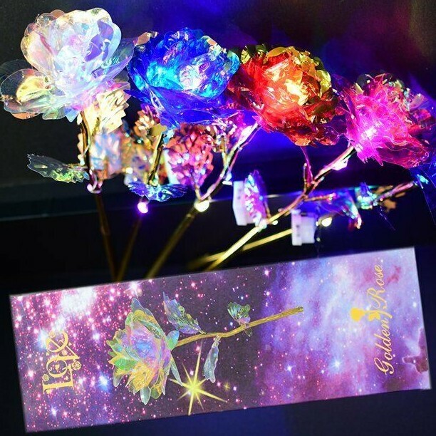 Eternal Rose Flower 24 K Gold Plated Enchanted Galaxy Rose LED Light Rose 4 Pack