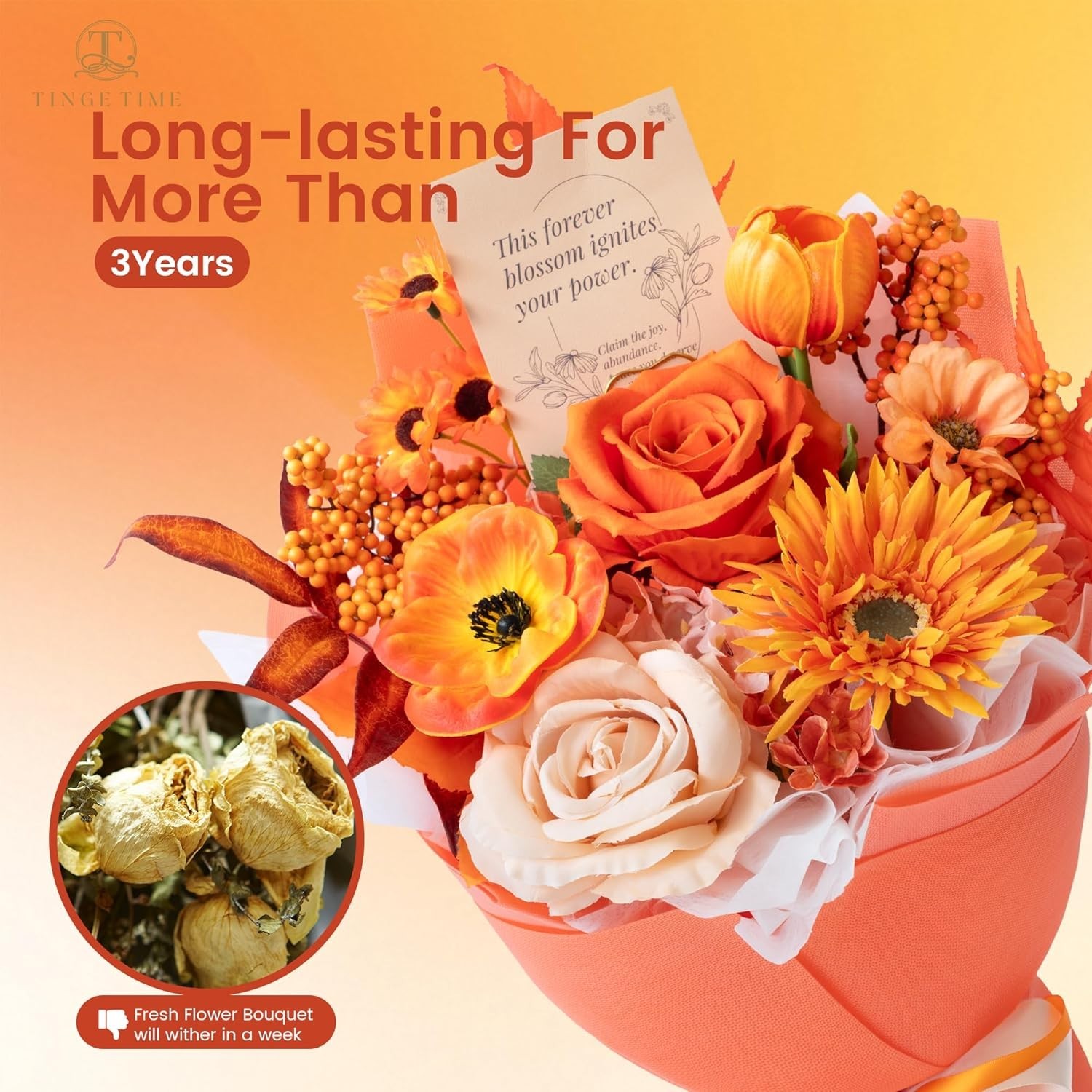 Tinge Time Preserved Flower Bouquet, Orange Artificial Flowers