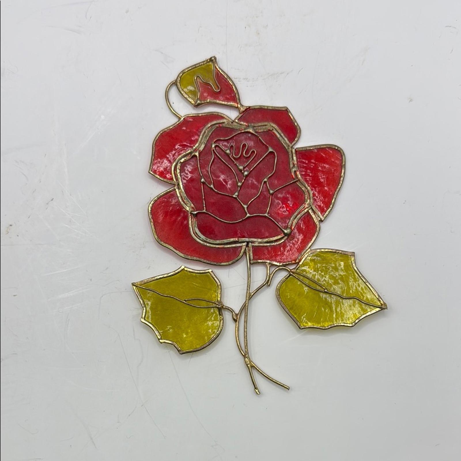 Vintage Faux Stained Glass Red Rose Flower Decor Collectible