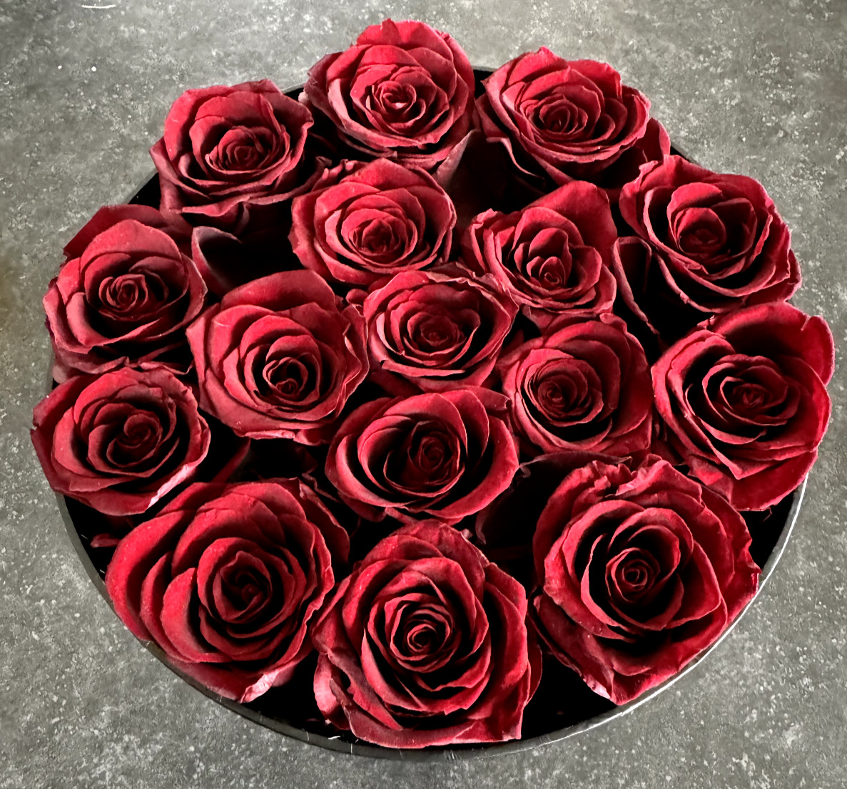 Preserved Roses – 16 Real Red Roses in Black/Gold Circular Gift Box Open Box