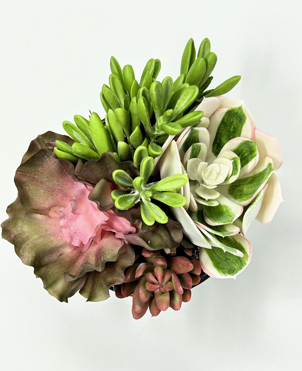 7″ Artificial MAUVE PINK mixed Succulent Garden #16, Blue Ceramic Bowl Planter
