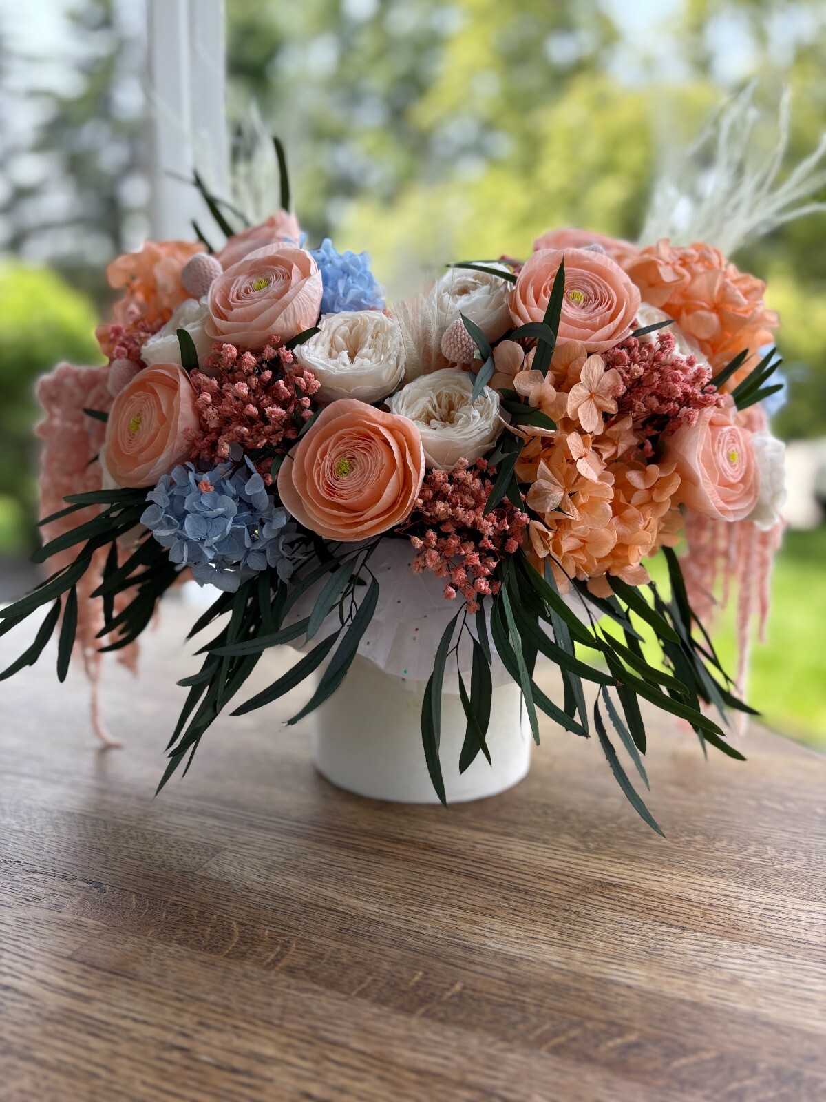Preserved Flower Arrangement, Peach Blue Boho Centerpiece, Long Lasting Bouquet