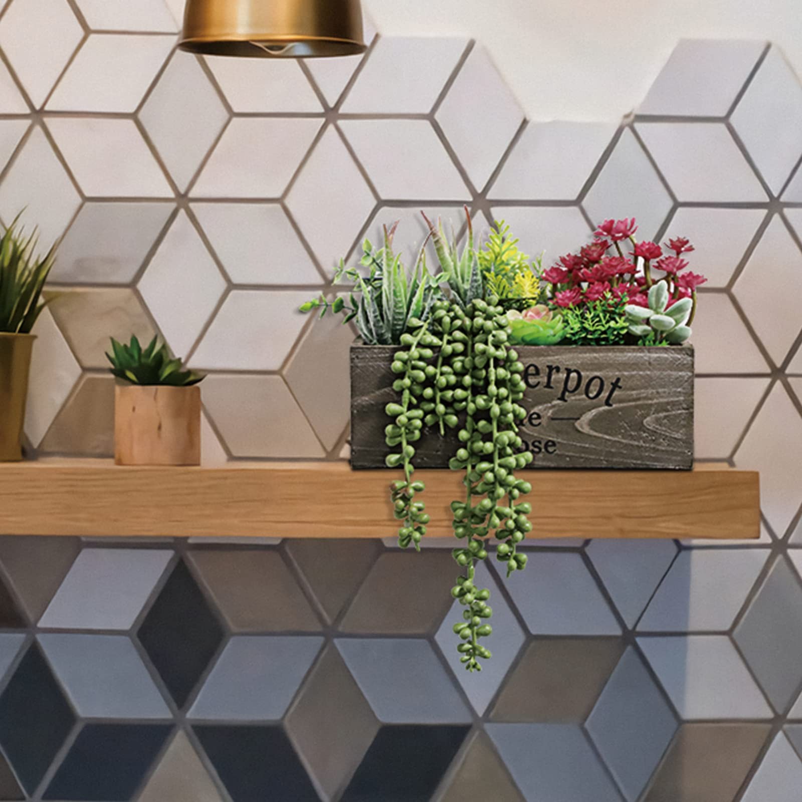 Artificial Succulent Arrangement Wooden Planter Fake Rustic Box Faux Pot Decor