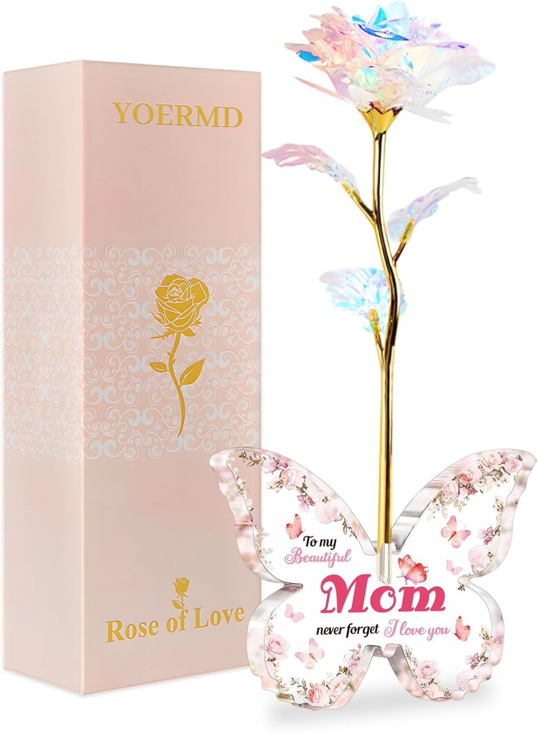 Pink Preserved Galaxy Rose Butterfly Stand Gift for Mom Mother’s Day Birthday