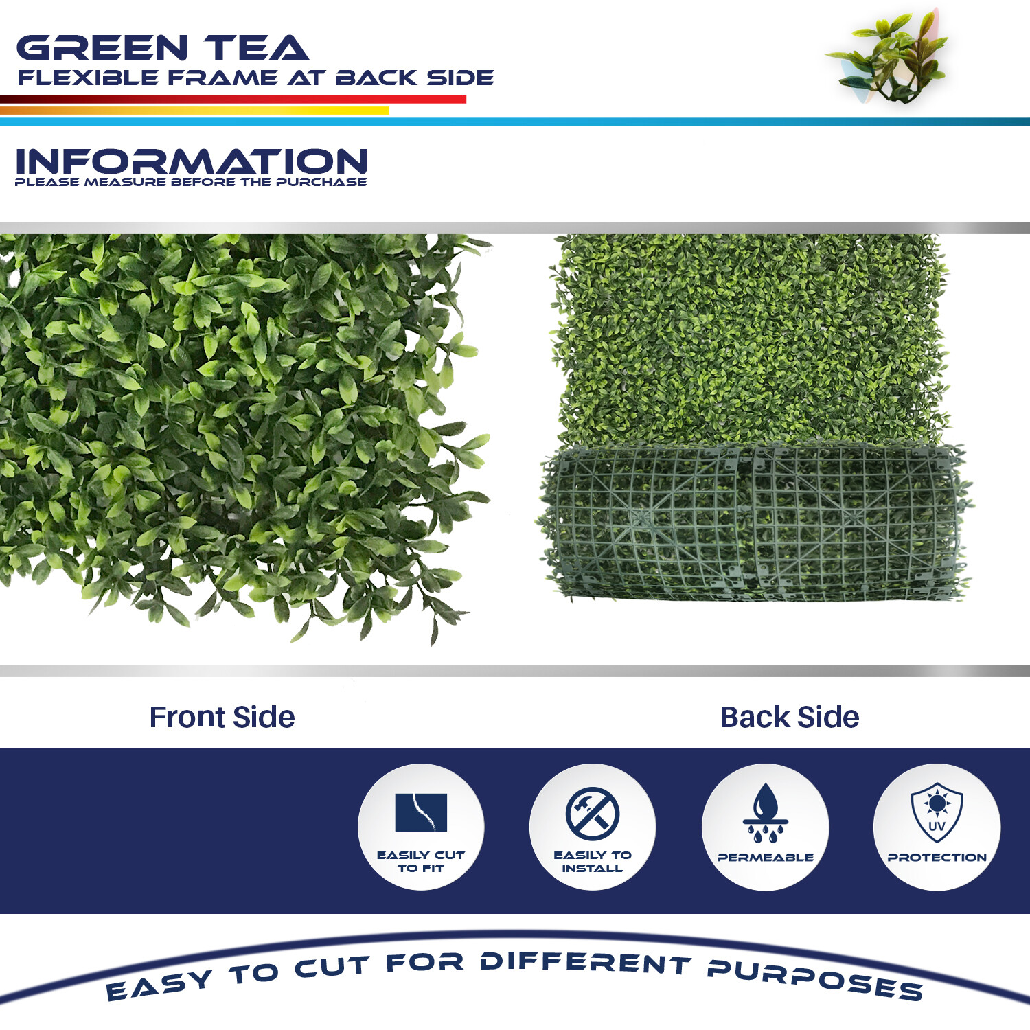 20″ Artificial Green Tea Leaf Mat Wall Hedge Decor Privacy Panel for Home Office