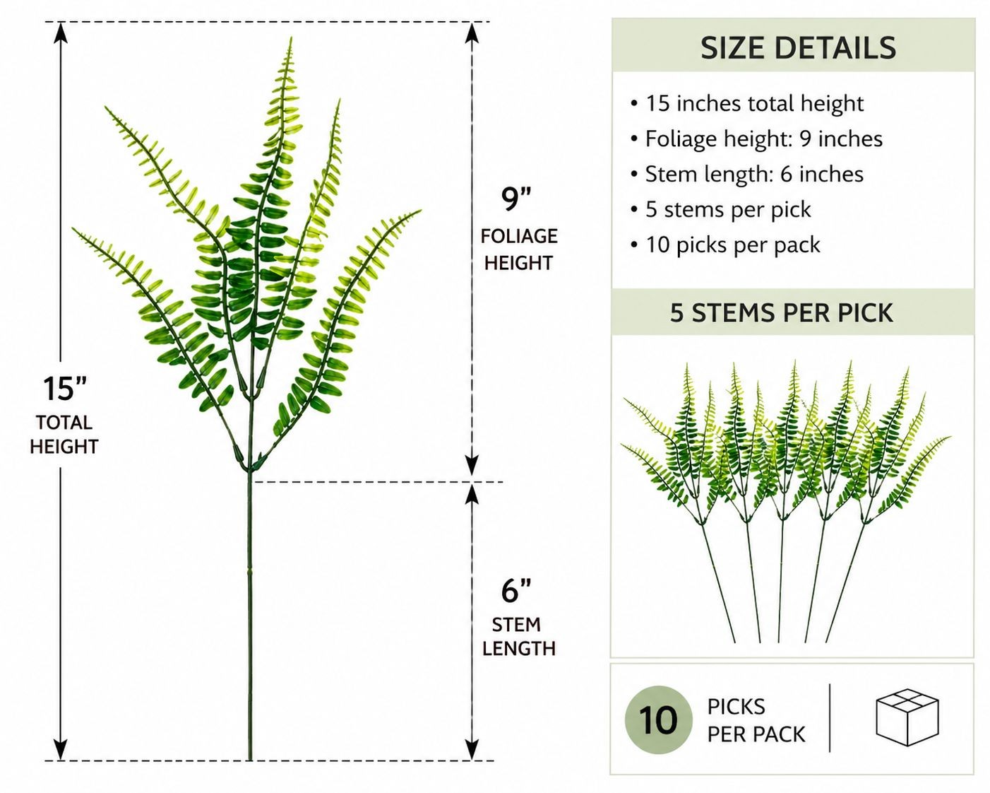 Artificial Boston Fern Picks Set of 10, 15 Inch Faux Fern Greenery, Floral Fille
