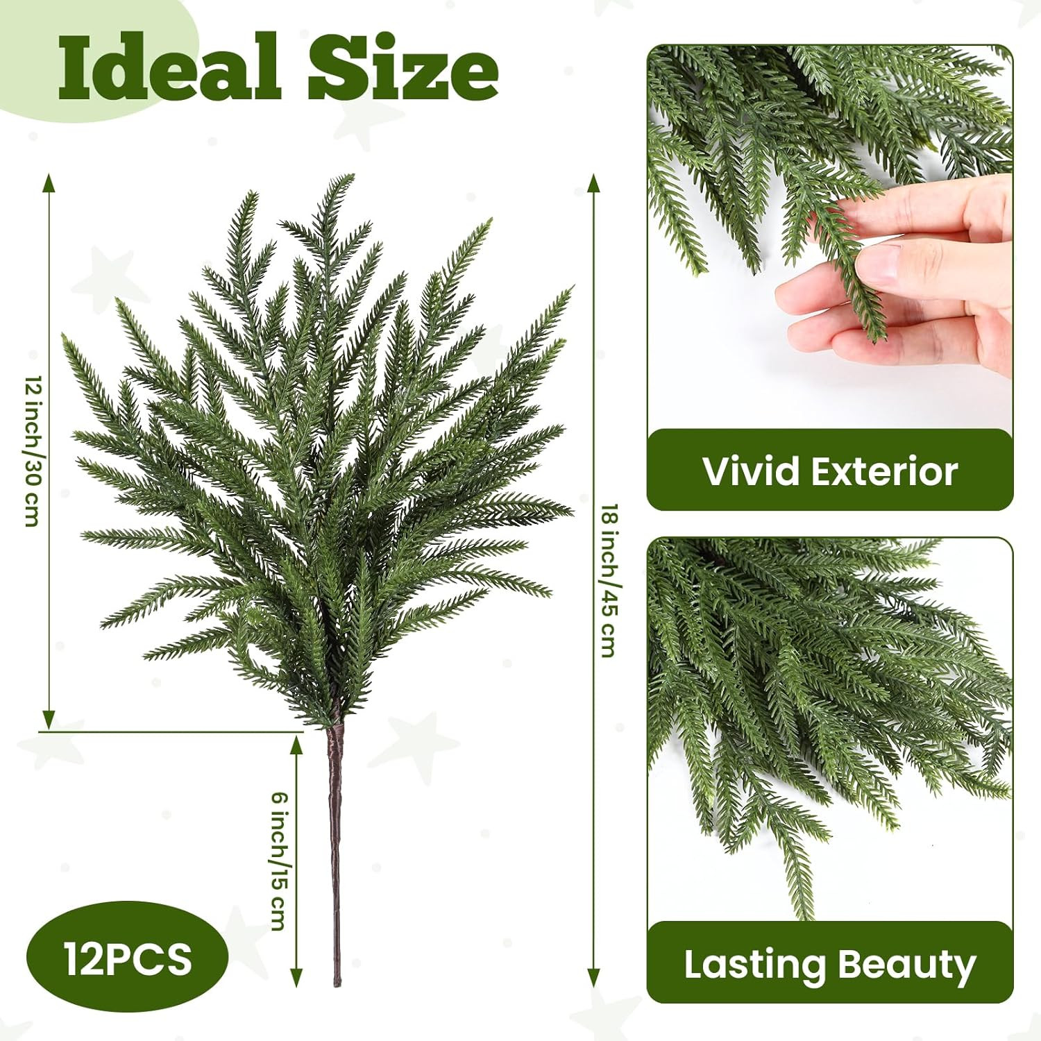 18 Inch Norfolk Pine Stems, 12 Pcs Real Touch Norfolk Pine Branch, Christmas Gre