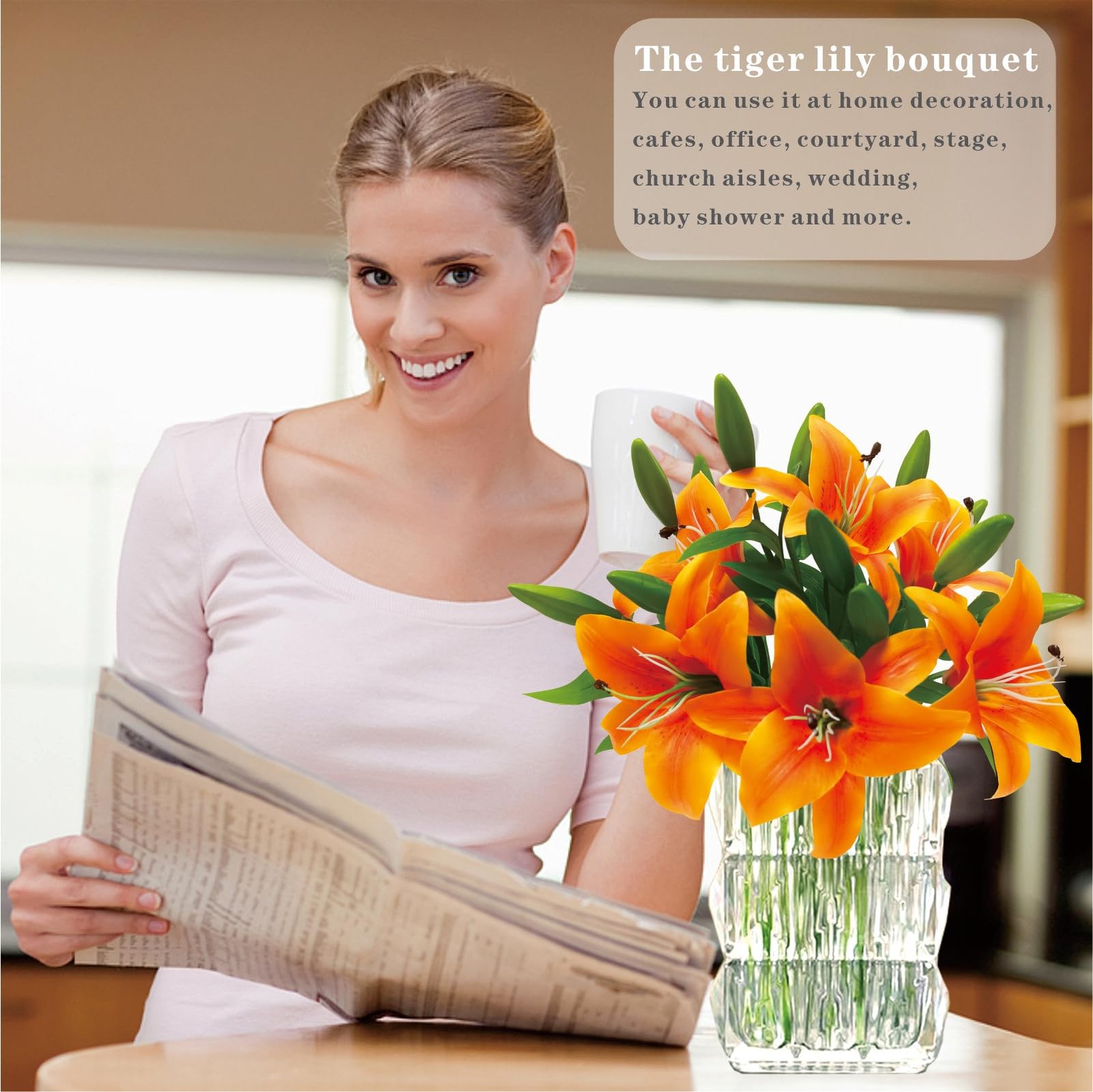 6Pcs Lilies Artificial Flowers Orange Lilies Real Touch Tiger Lily Fake Lilli…