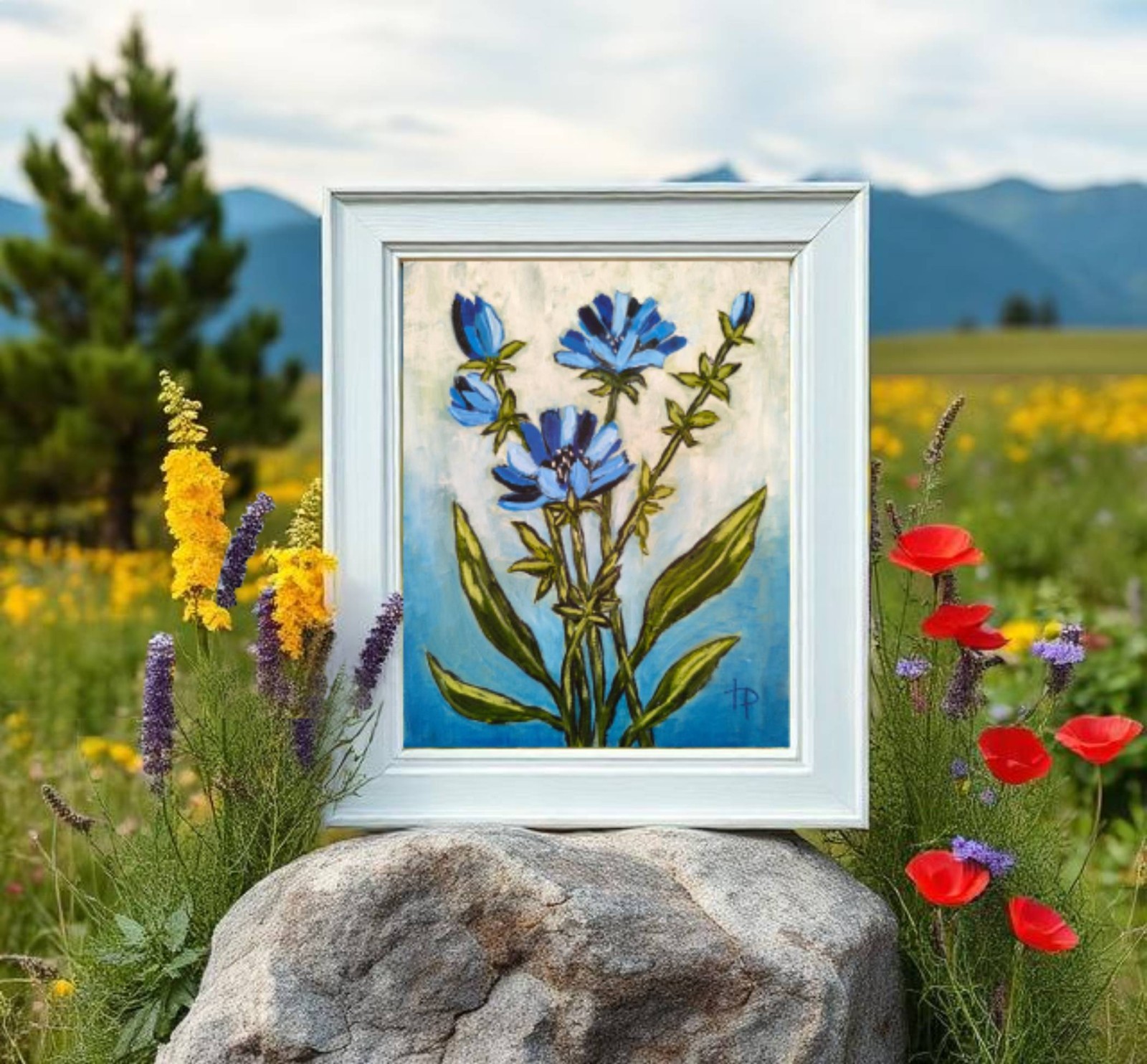 Chicory Botanical Oil Painting Original Floral Expressionist Art Blue Flower Wal