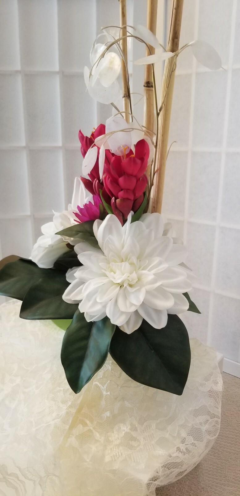 Tropical, Exotic, Silk Floral Arrangement, 21″Bamboo, White Lily, Luau, Fuchsia 