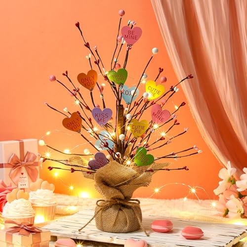Lighted Valentine’s Day Heart Candy Conversation Tree Tabletop Decorations