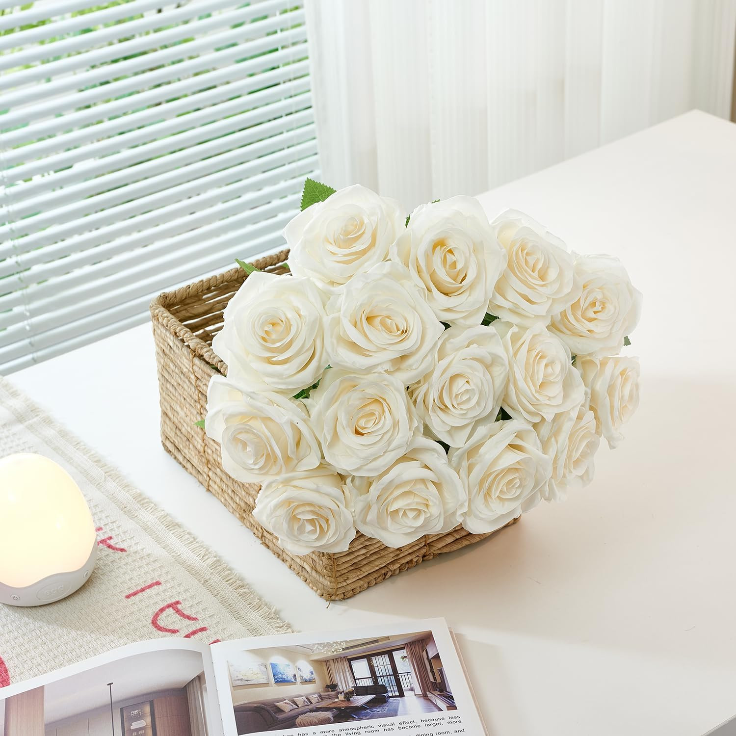 120 Pcs White Rose Artificial Flowers Bulk, Ivory Silk Fake Roses with Long Stem