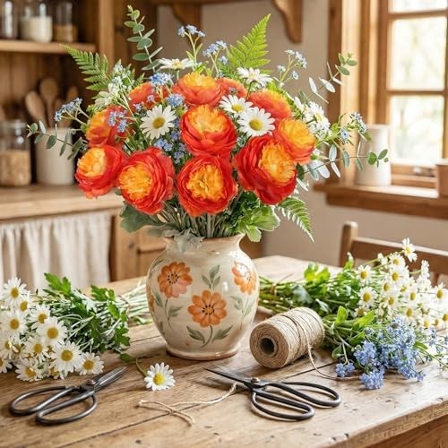 12Pcs Realistic Orange Silk Peonies & Ranunculus Flowers for Home Decor, Wedding
