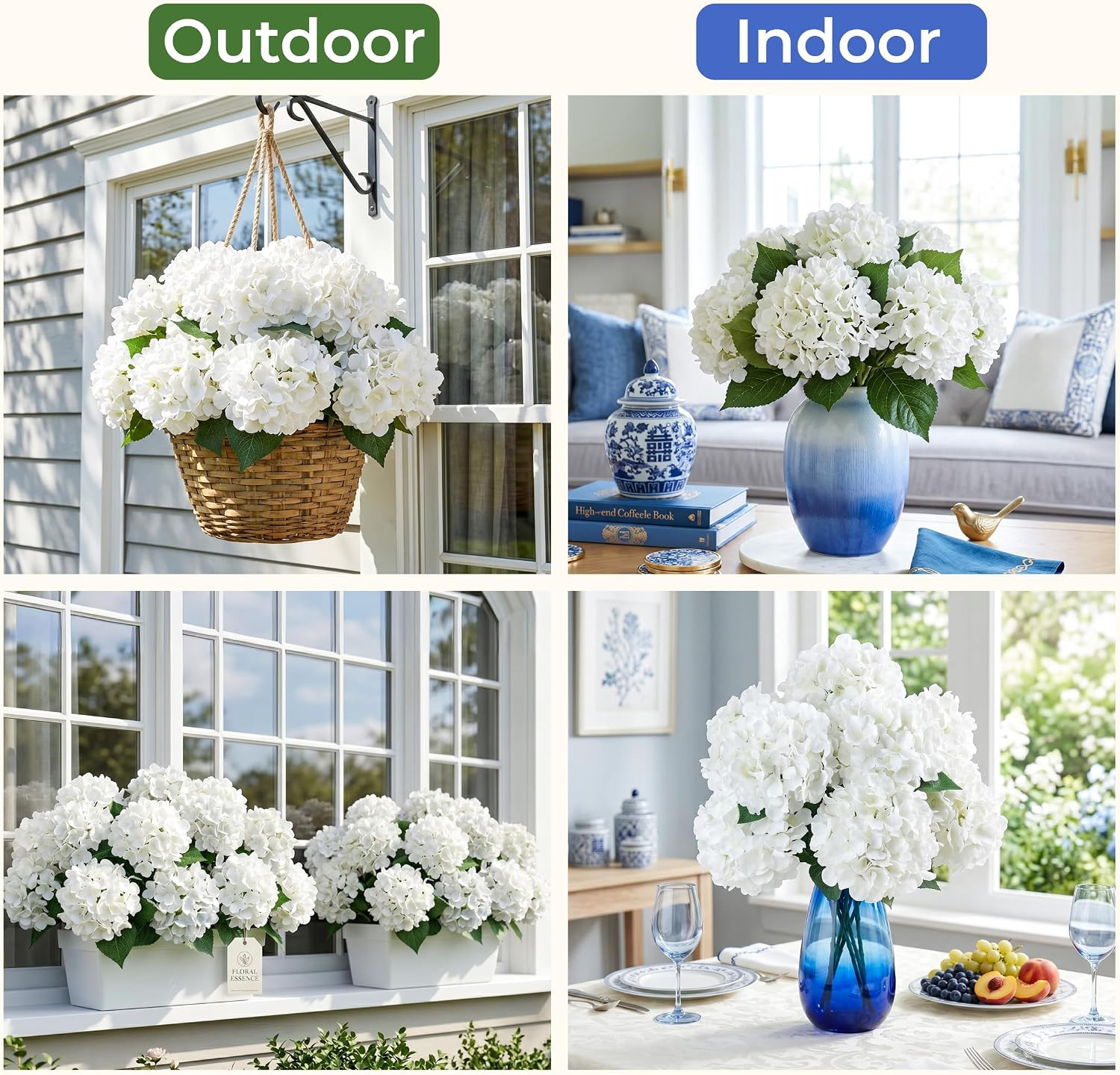 12 Bundles Hydrangea Artificial Flowers for Outdoors and Indoor, UV Resistant Wh
