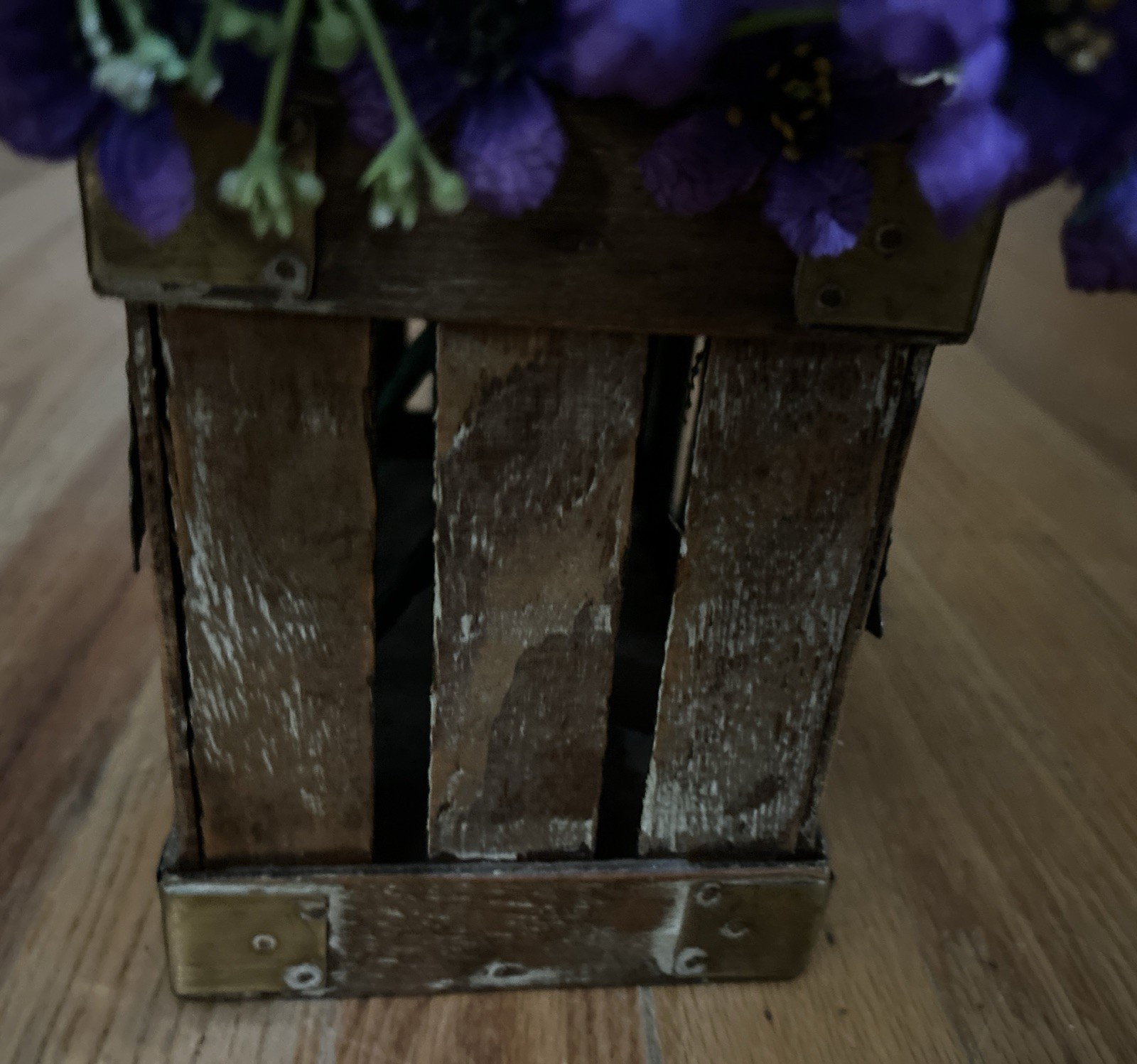 Beautiful Purple & White Floral Arrangement In A Crate With Handle Metal Leaves