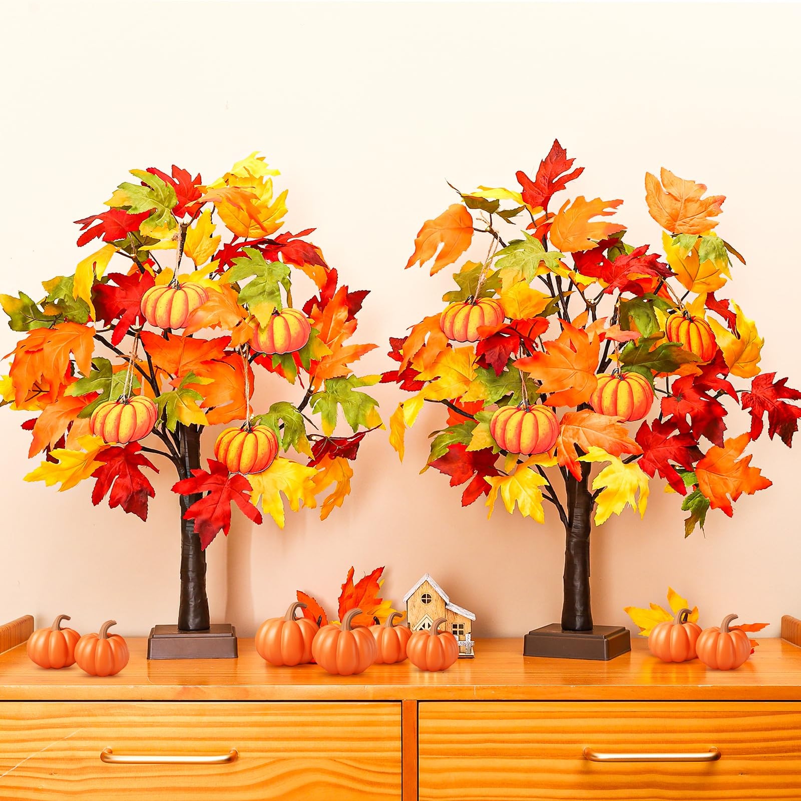 Fall Decor 2 Pack 24 Inch Lighted Fall Maple Tree Fall Decorations for Home,T…