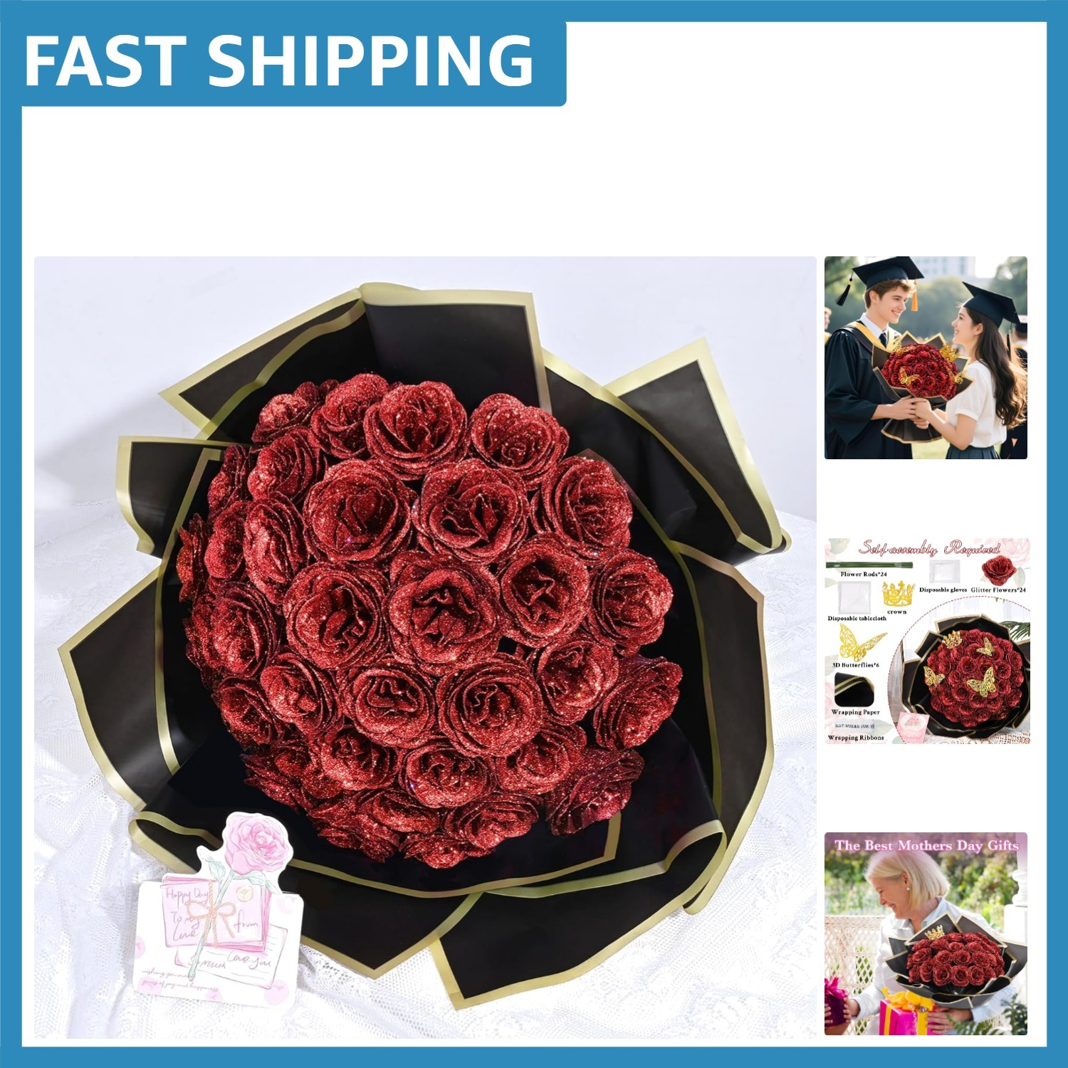 Enchanting Glitter Roses Bouquet – 24 Red Flowers, Perfect for Special Occasions