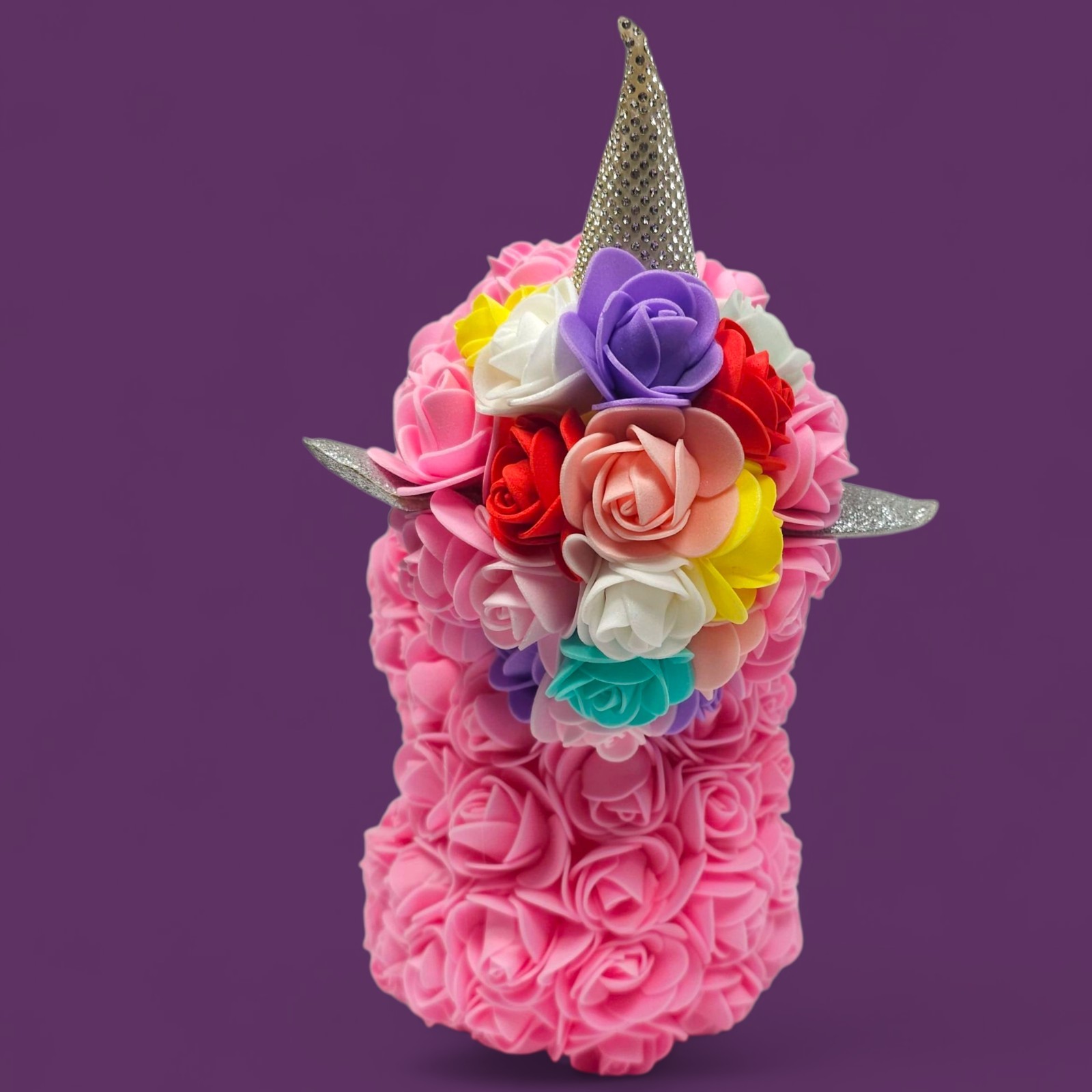 Rose Unicorn Gift – Pink Foam Flowers, Rainbow Mane, “Just For You” Box Damaged