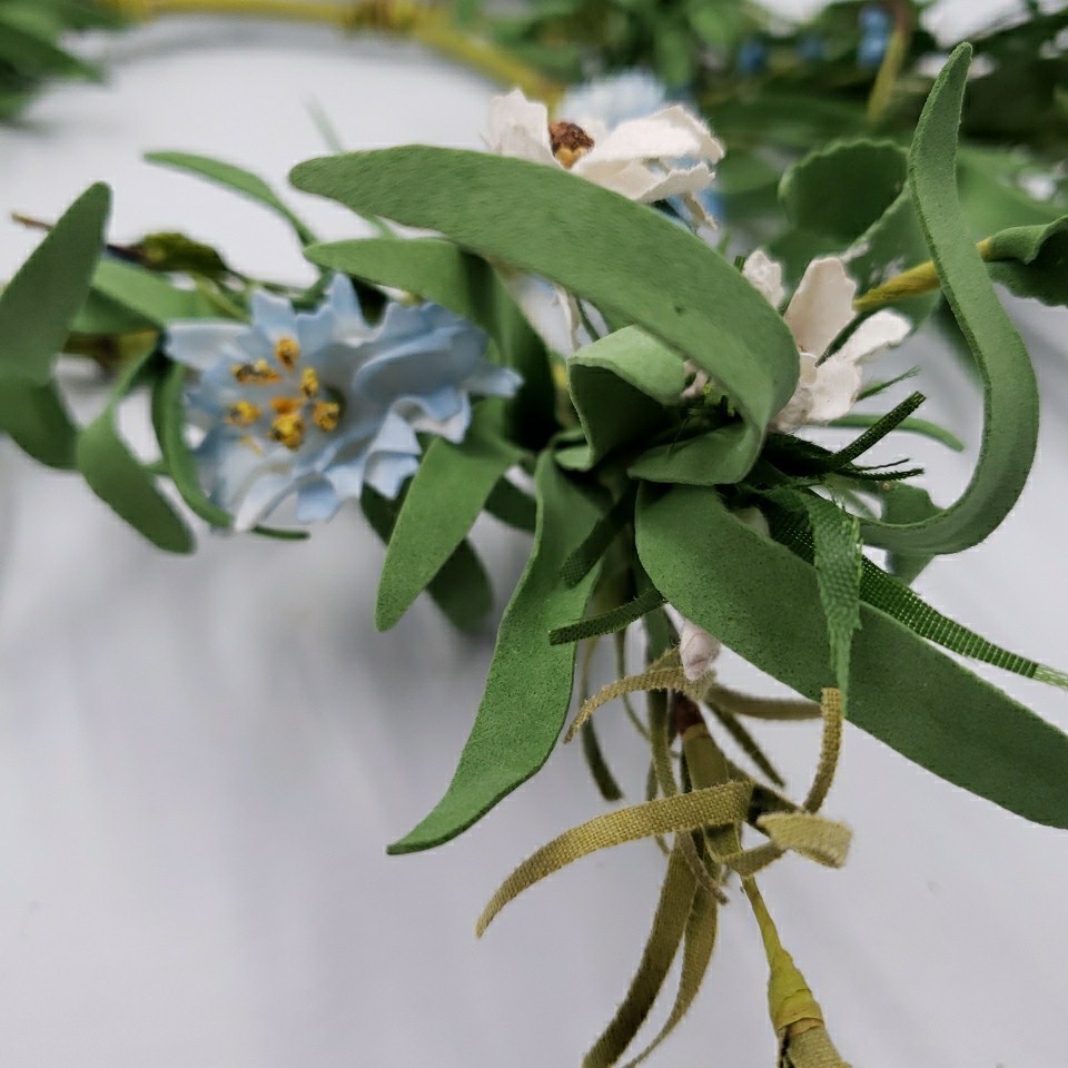Primitive Floral Candle Ring Wreath Blue Flower Pips Cottage Spring Summer 6″ id