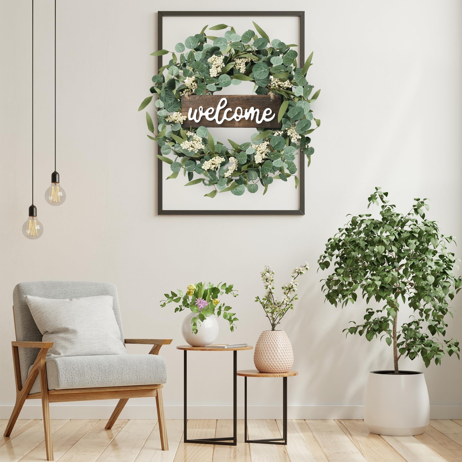 Sggvecsy Green Eucalyptus Wreath with Welcome Sign 20in Artificial Eucalyptus