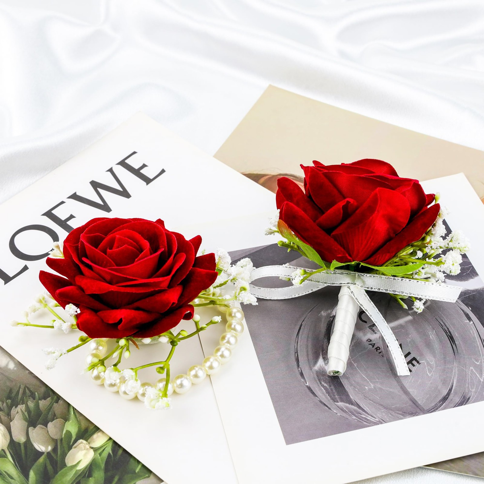2Pcs Red Rose Corsage and Boutonniere Set Corsage Wristlet Band Bracelet for …