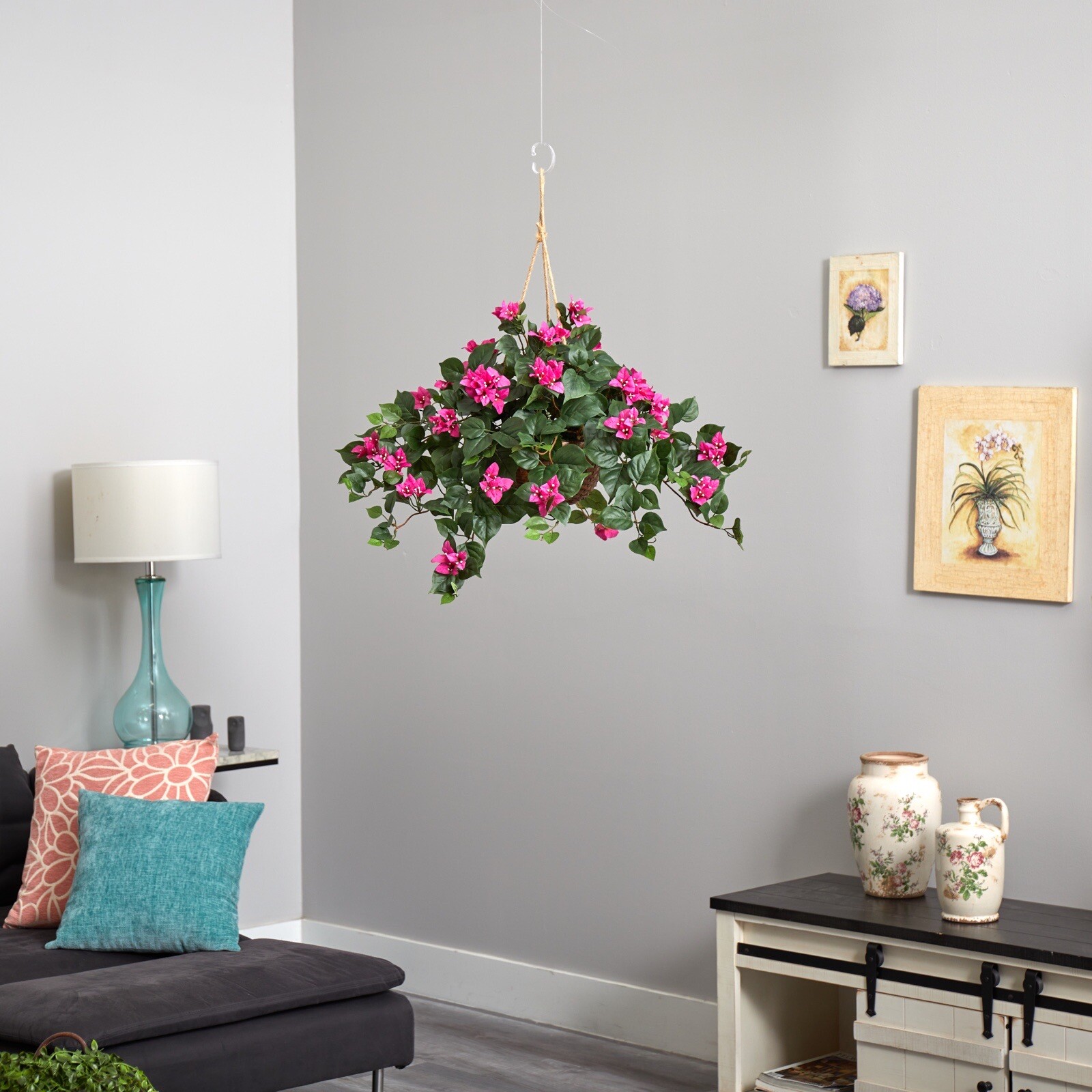 24” Bougainvillea Artificial Plant In Hanging Basket Home Decor. Retail $82