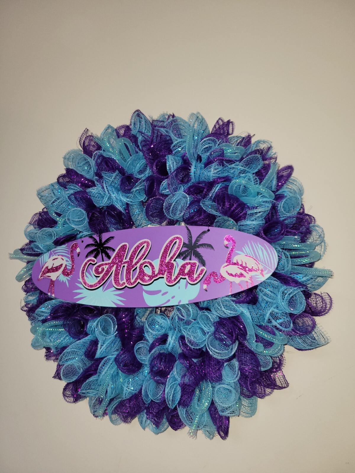 ALOHA Summer Spring Mesh Front Door Wreath Wall Decor BRIGHT Purple Pink Blue